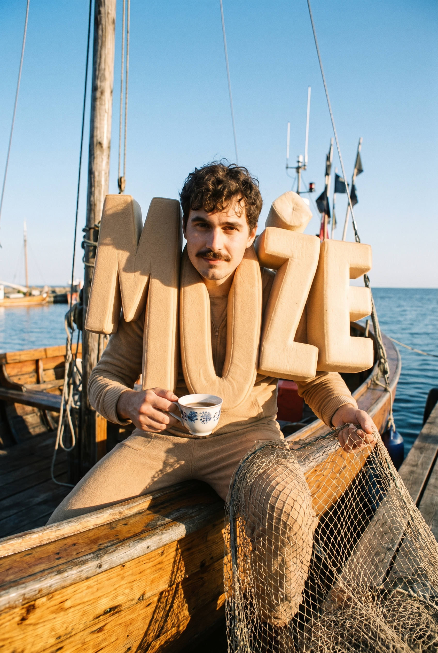 MOŻE Tanktop Kollektion von Kasztel am Hafen und Fischerboot.