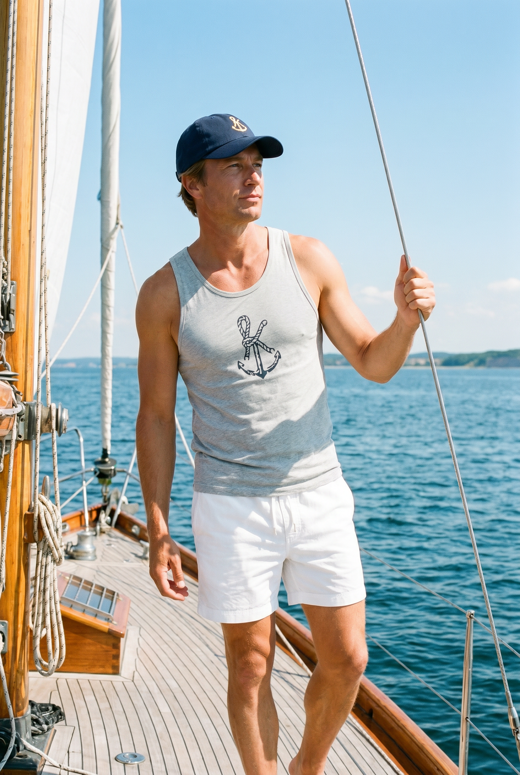 Mann trägt die SŁOŃCE Signature Baseball Cap Deep Baltic auf einem Segelboot vor blauem Himmel und Meer.