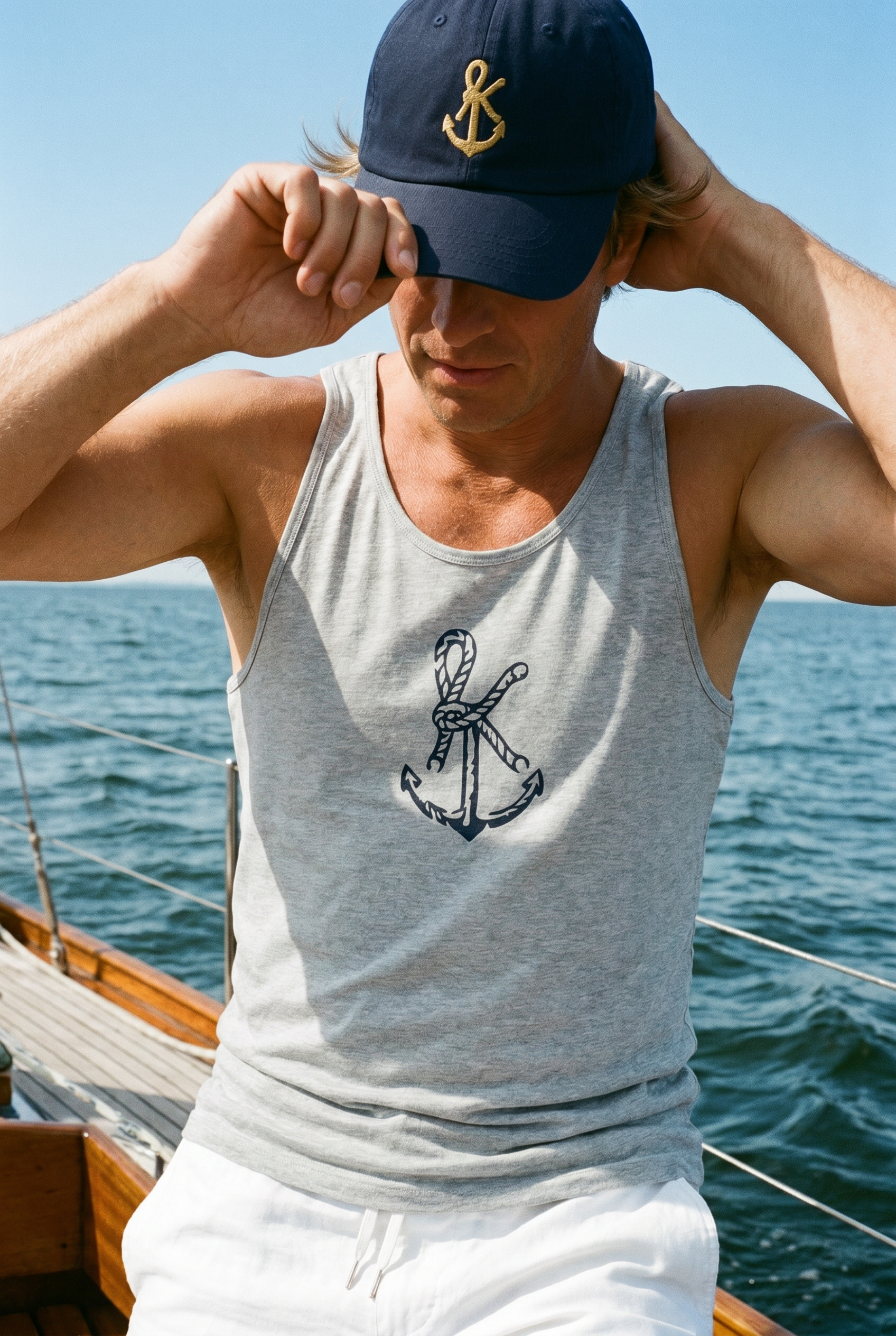 Mann auf einem Segelboot trägt die SŁOŃCE Signature Baseball Cap Deep Baltic und ein graues Tanktop mit Monogramm-Stickerei.