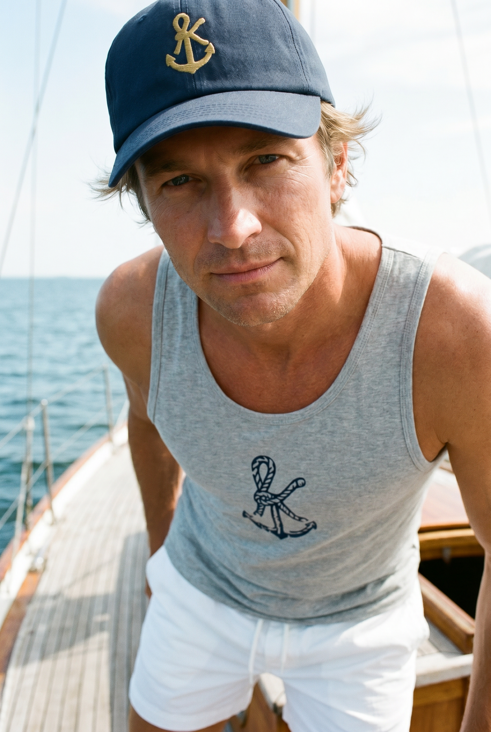 Portrait eines Mannes mit SŁOŃCE Signature Baseball Cap Deep Baltic auf einem Segelboot bei sonnigem Wetter.