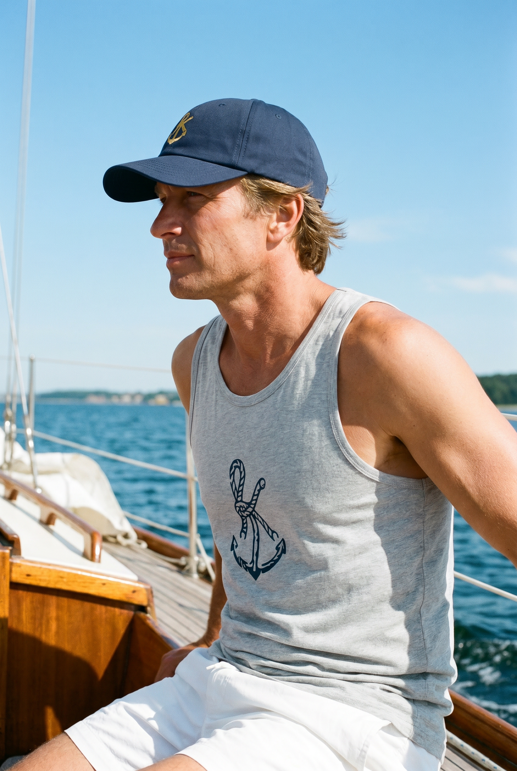 Mann mit SŁOŃCE Signature Baseball Cap sitzt entspannt auf einem Segelboot auf der Ostsee.
