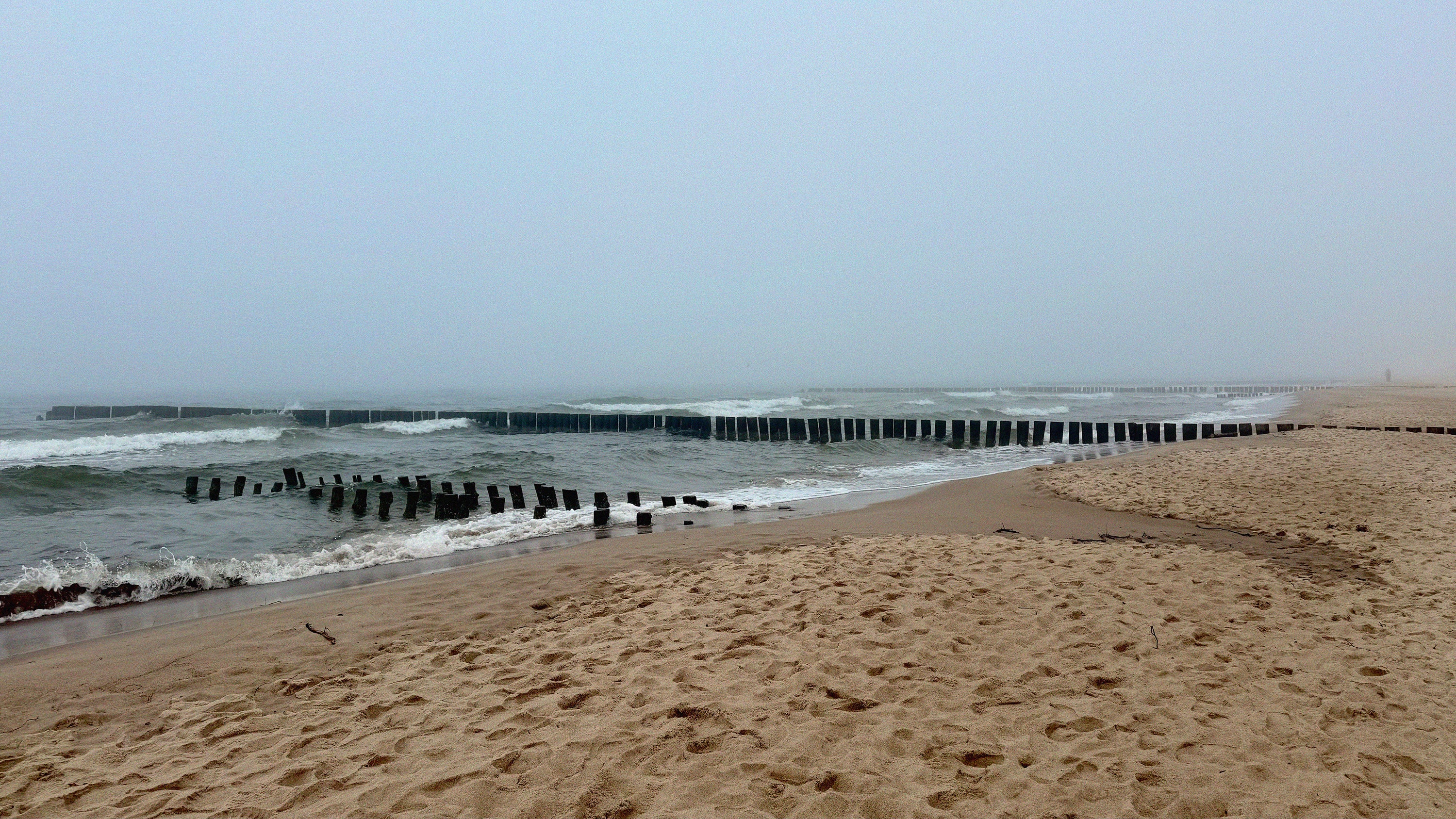 Neblige Ostseeküste mit Buhnen, ruhigem Meer und atmosphärischer Küstenstimmung
