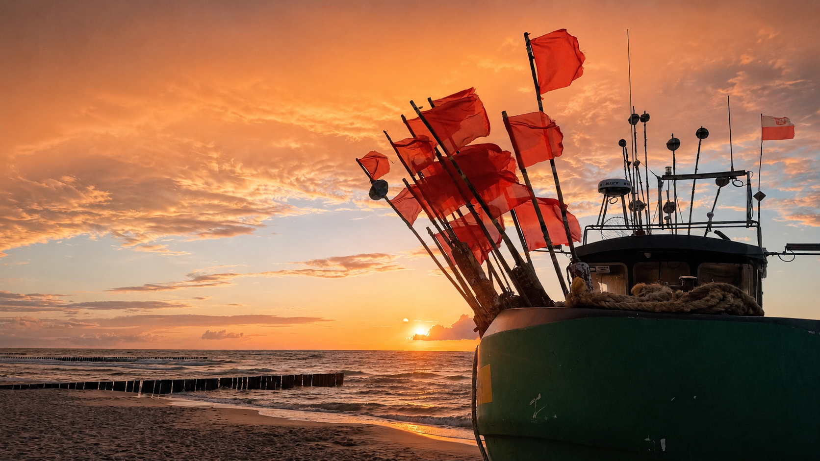 Fischerboot mit roten Netzen am Strand von Niechorze bei Sonnenuntergang an der Ostsee