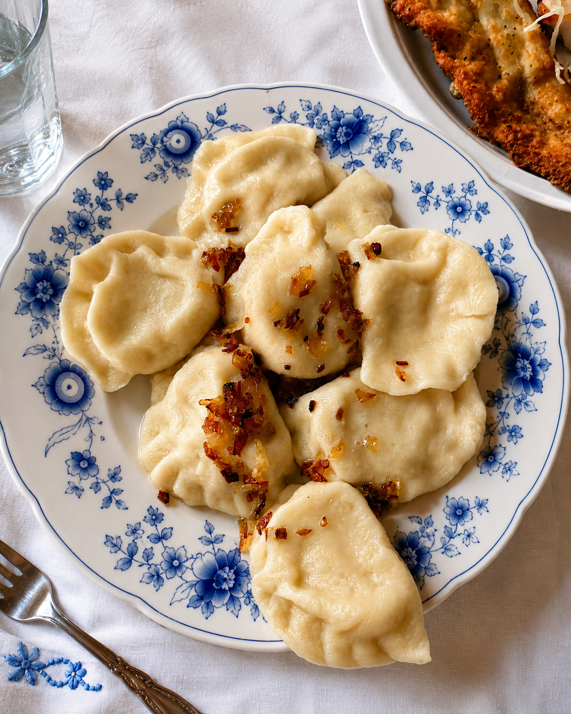 Traditionelle polnische Pierogi auf einem blauen Porzellanteller