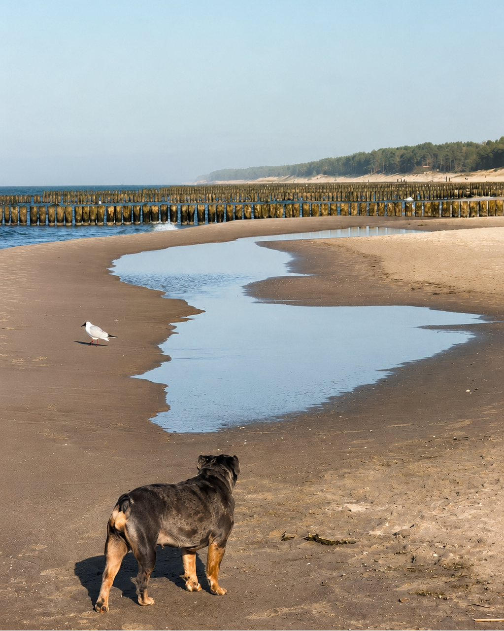 Englische Bulldogge am Strand von Niechorze an der polnischen Ostsee